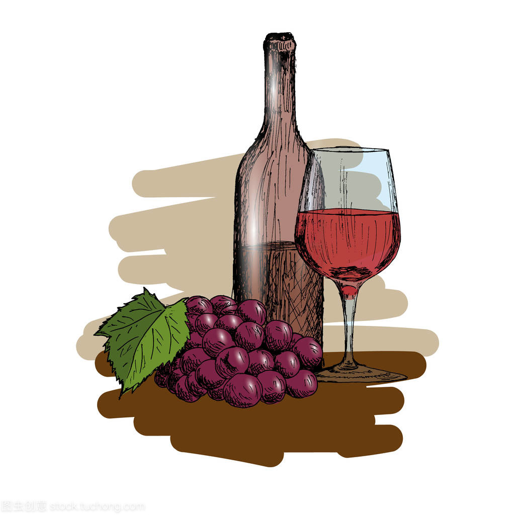 酒一套。一杯、 一瓶和一堆葡萄葡萄酒手绘制素描矢量图
