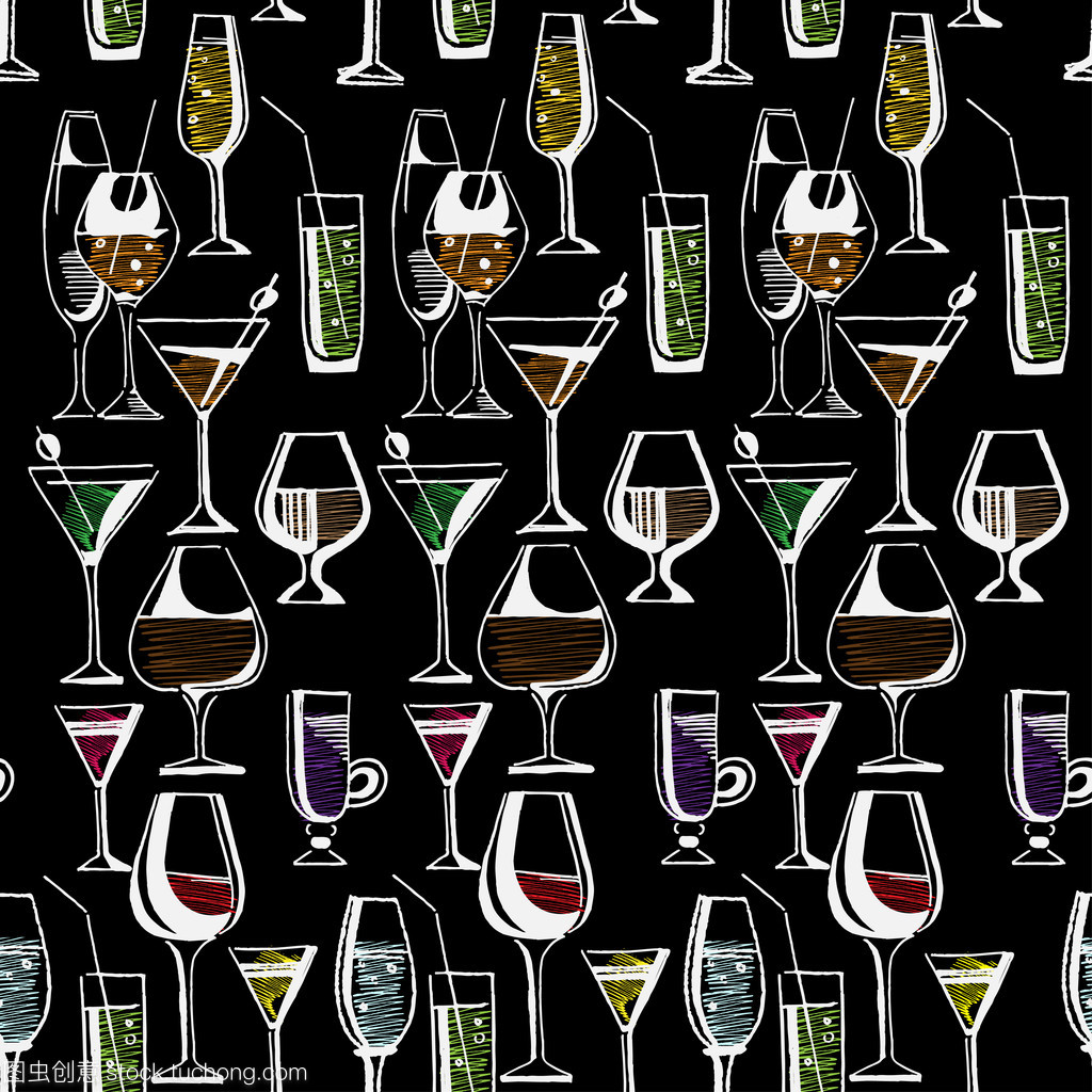 手绘制的图案的酒精饮料和鸡尾酒。矢量图