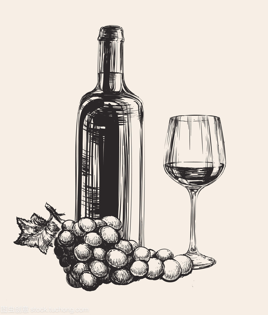 葡萄,葡萄酒杯,酒瓶,手绘制的图矢量酒